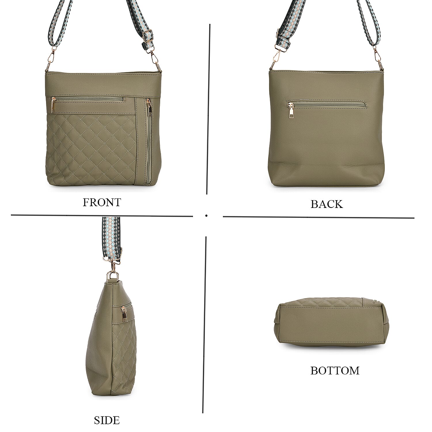 Quilted Diamond Pattern Crossbody Bag with Adjustable Strap - Green