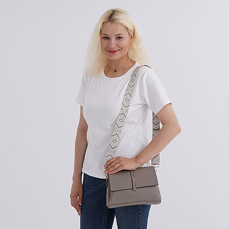 Artisan Crossbody Sling Bag with Geometric Pattern Shoulder Strap - Gray