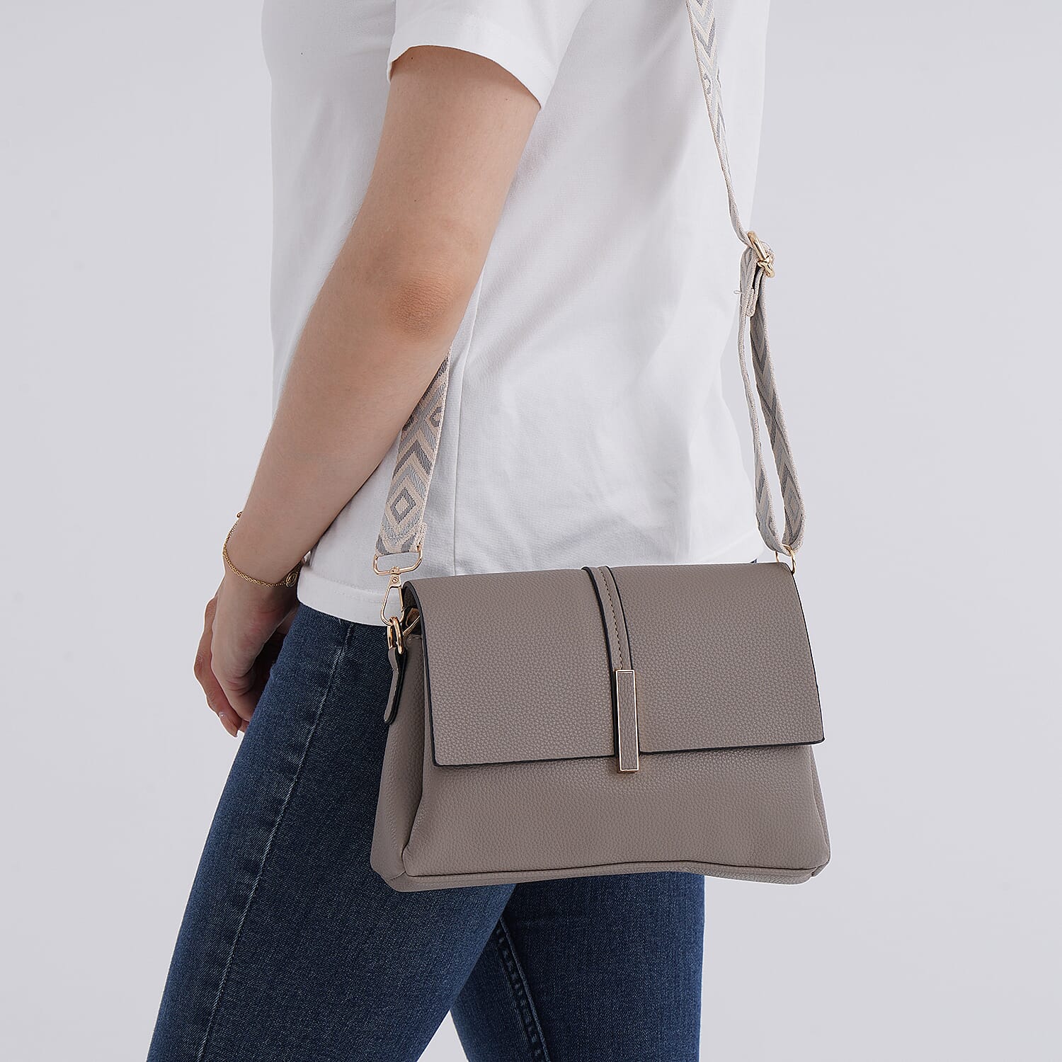 Artisan Crossbody Sling Bag with Geometric Pattern Shoulder Strap - Gray