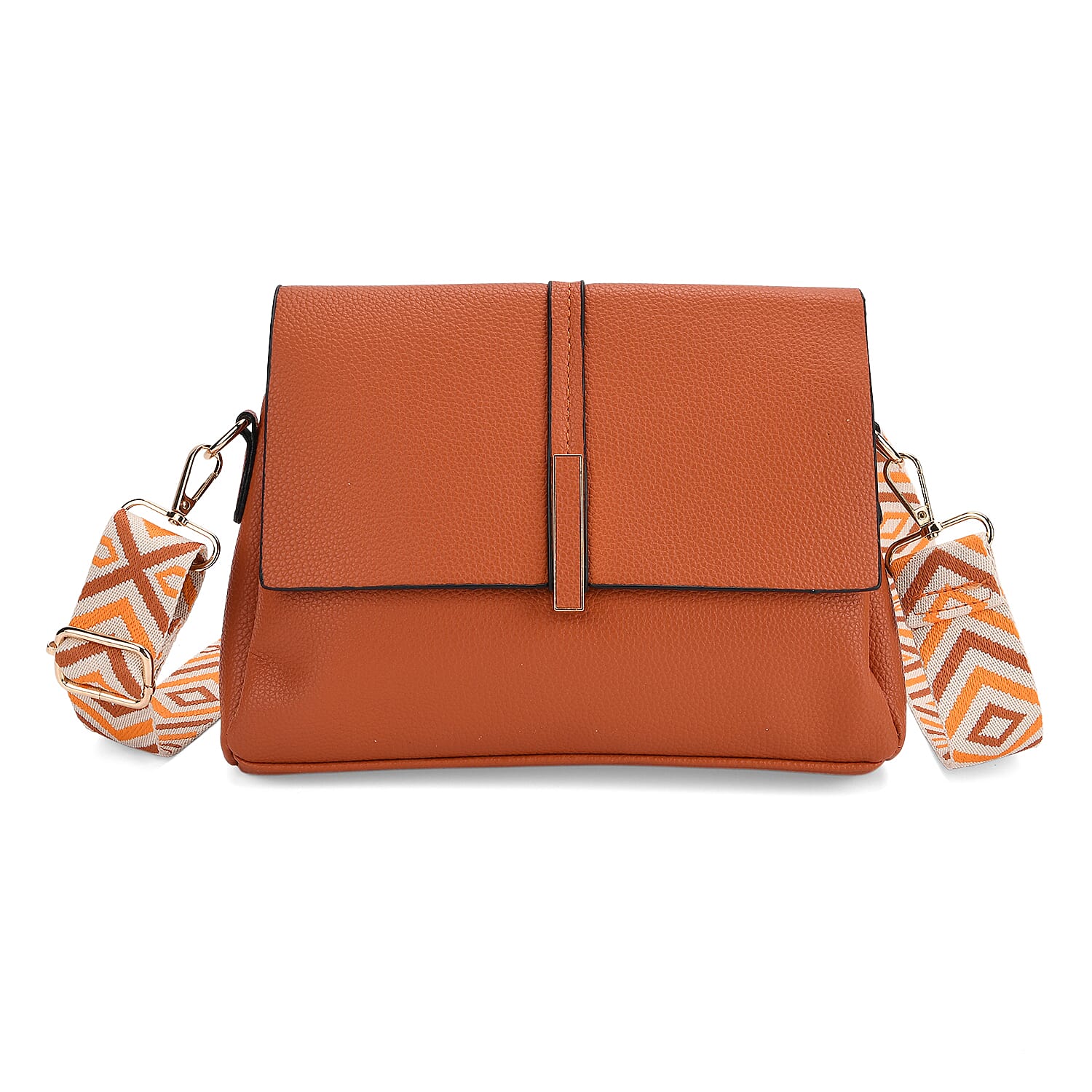 Artisan Crossbody Sling Bag with Geometric Pattern Shoulder Strap - Rust