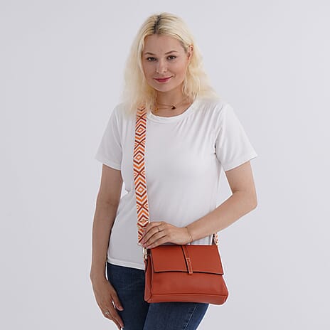 Artisan Crossbody Sling Bag with Geometric Pattern Shoulder Strap - Rust
