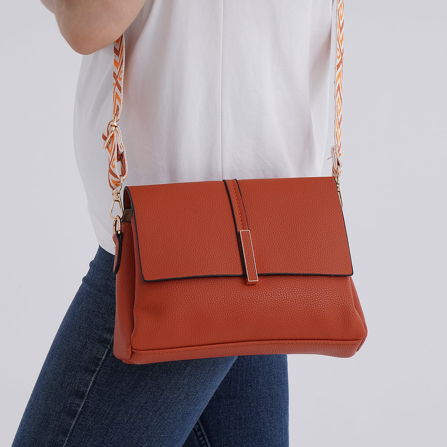 Artisan Crossbody Sling Bag with Geometric Pattern Shoulder Strap - Rust