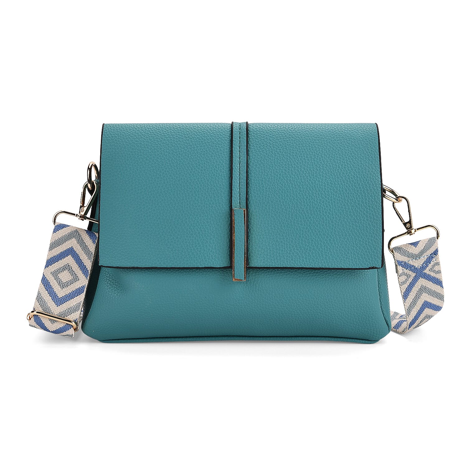 Artisan Crossbody Sling Bag with Geometric Pattern Shoulder Strap - Teal