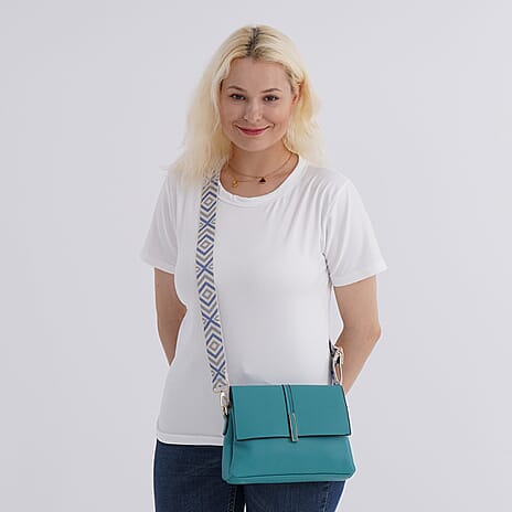 Artisan Crossbody Sling Bag with Geometric Pattern Shoulder Strap - Teal