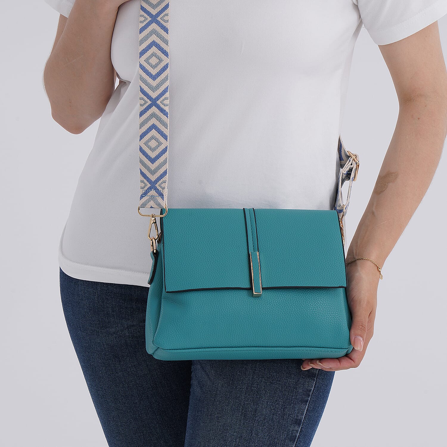 Artisan Crossbody Sling Bag with Geometric Pattern Shoulder Strap - Teal