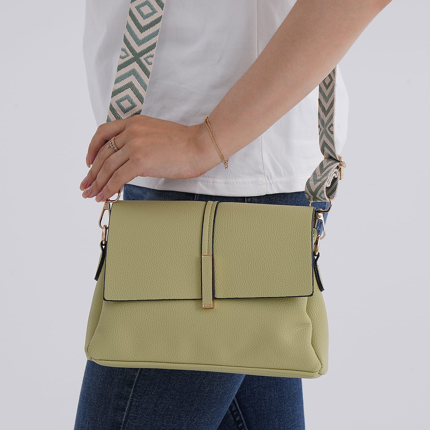 Artisan Crossbody Bag with Geometric Pattern Shoulder Strap - Green