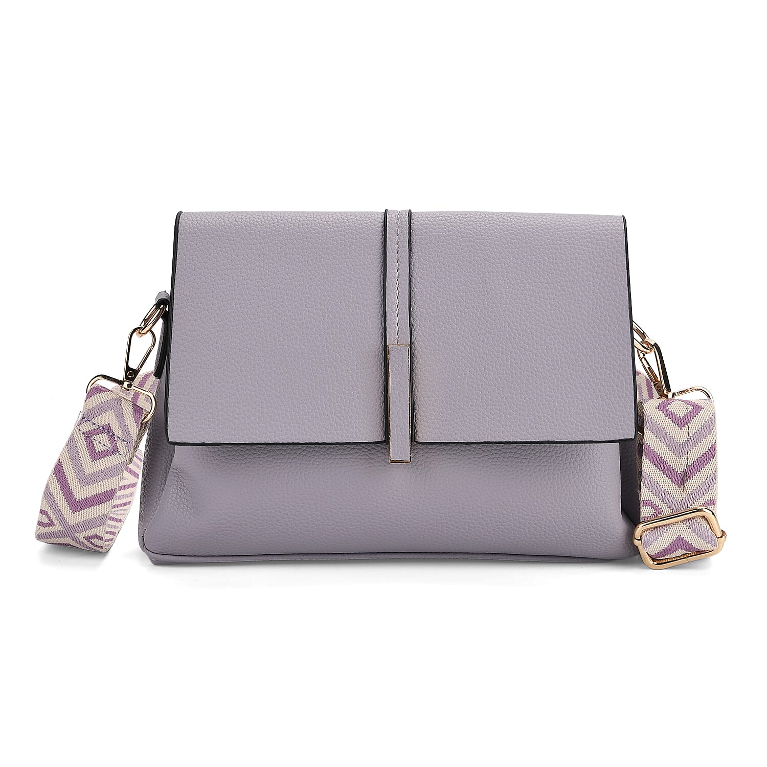 Artisan Crossbody Sling Bag with Geometric Pattern Shoulder Strap - Lavender