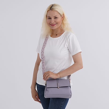 Artisan Crossbody Sling Bag with Geometric Pattern Shoulder Strap - Lavender