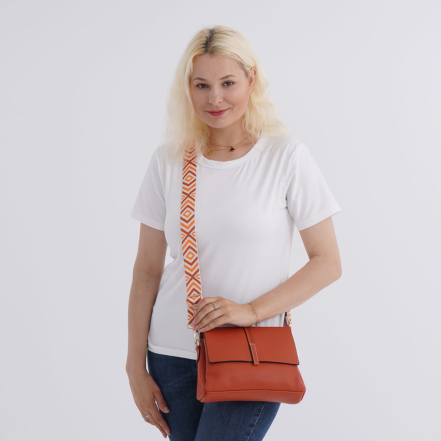 Artisan Sling Bag with Geometric Pattern Strap - Tan