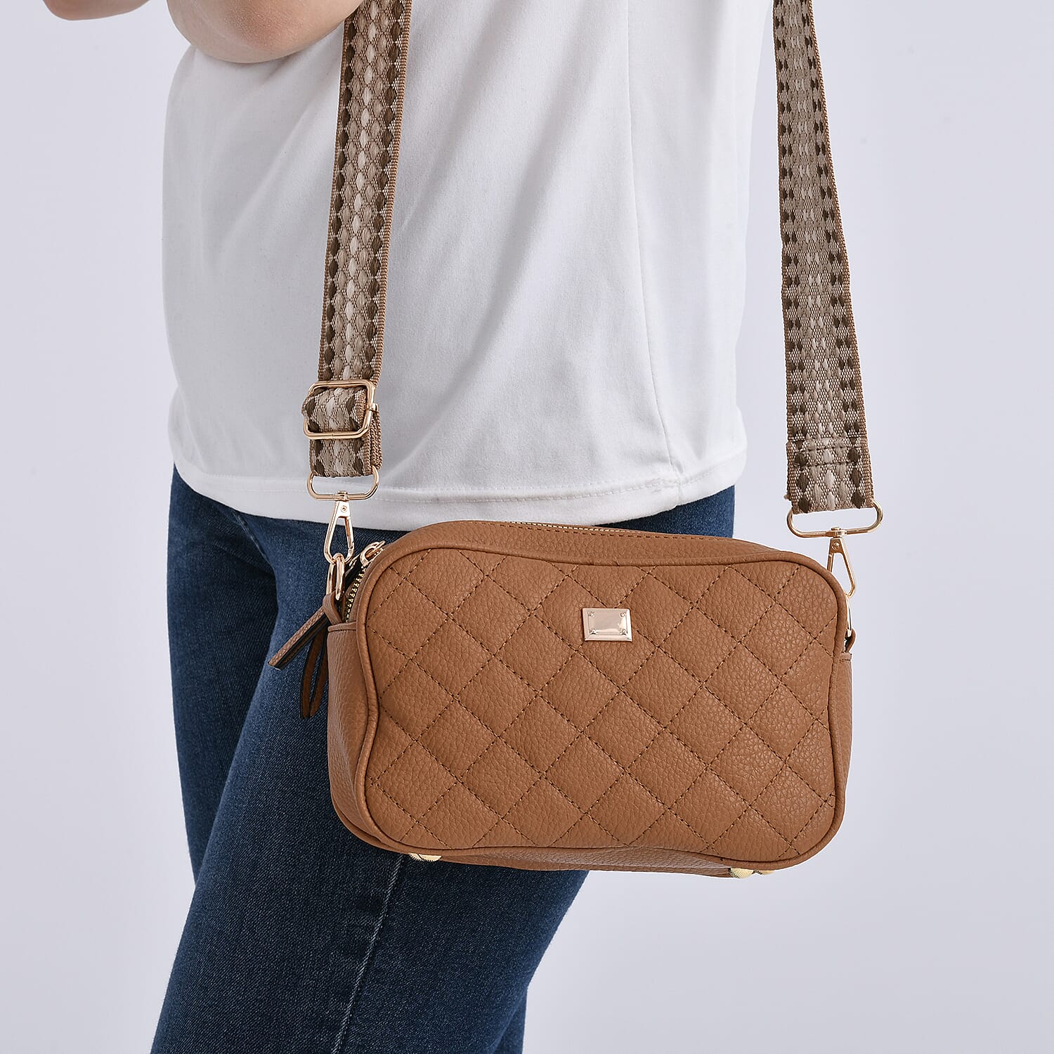 Prime Time Deal - Quilted Fully Lined Crossbody Bag With Adjustable Length Strap - Brown