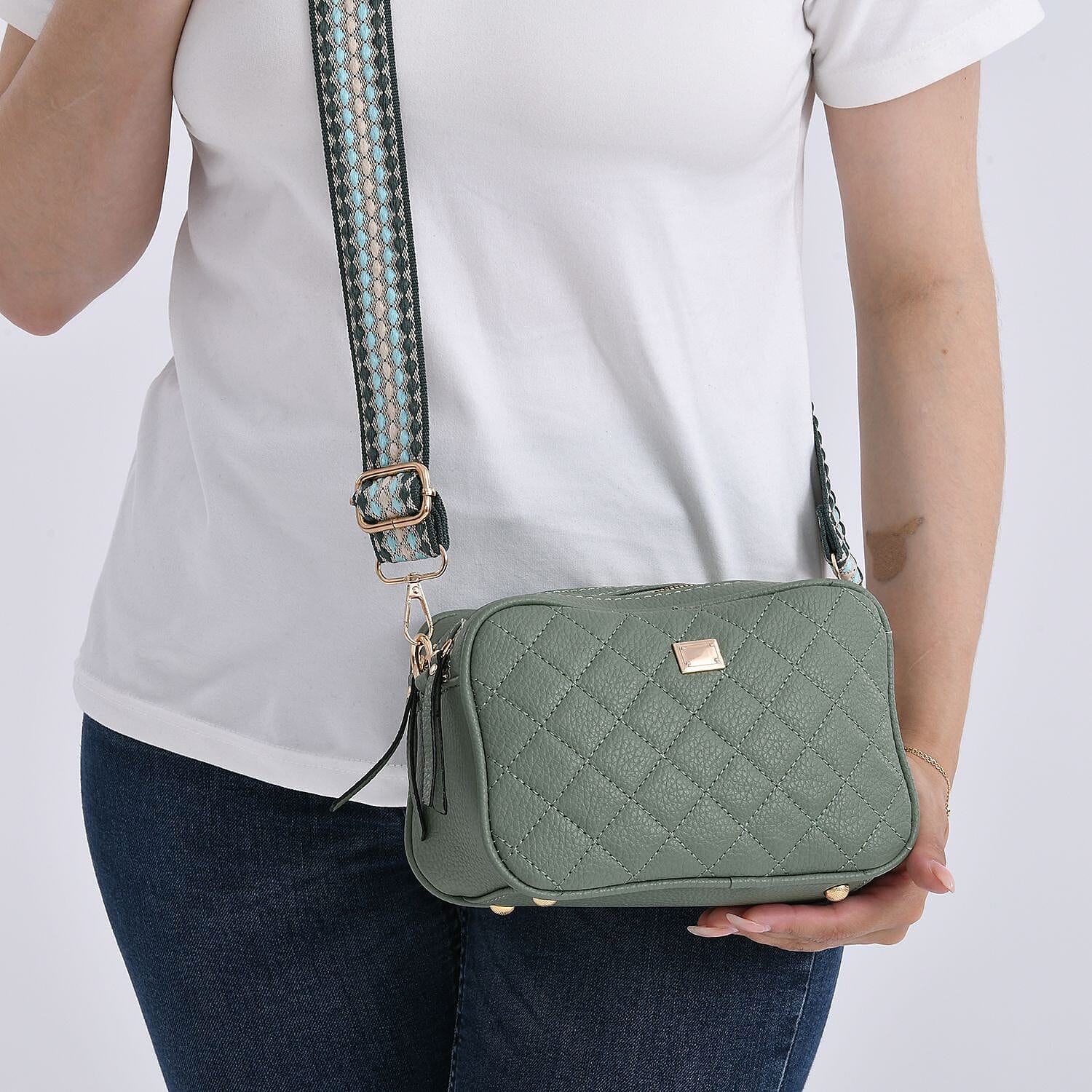 Prime Time Deal - Quilted Fully Lined Crossbody Bag With Adjustable Length Strap - Green