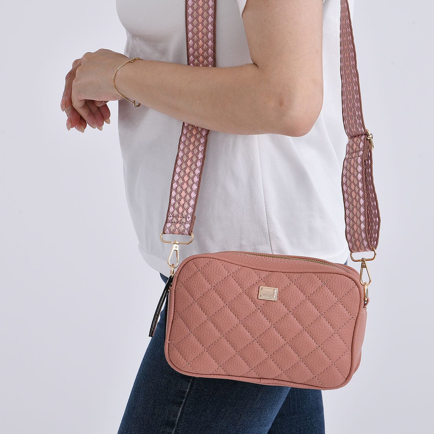 Prime Time Deal - Quilted Fully Lined Crossbody Bag With Adjustable Length Strap - Pink