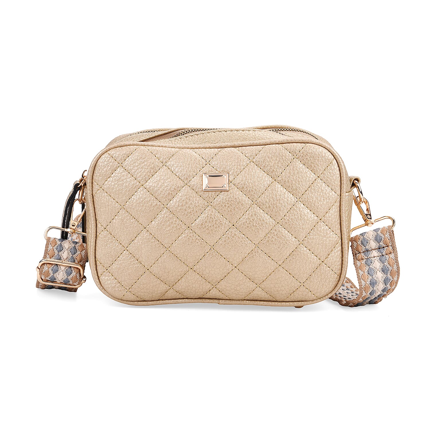 Prime Time Deal - Quilted Fully Lined Crossbody Bag With Adjustable Length Strap - Gold
