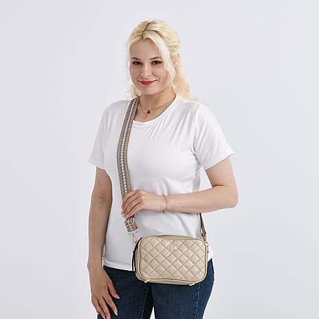 Prime Time Deal - Quilted Fully Lined Crossbody Bag With Adjustable Length Strap - Gold
