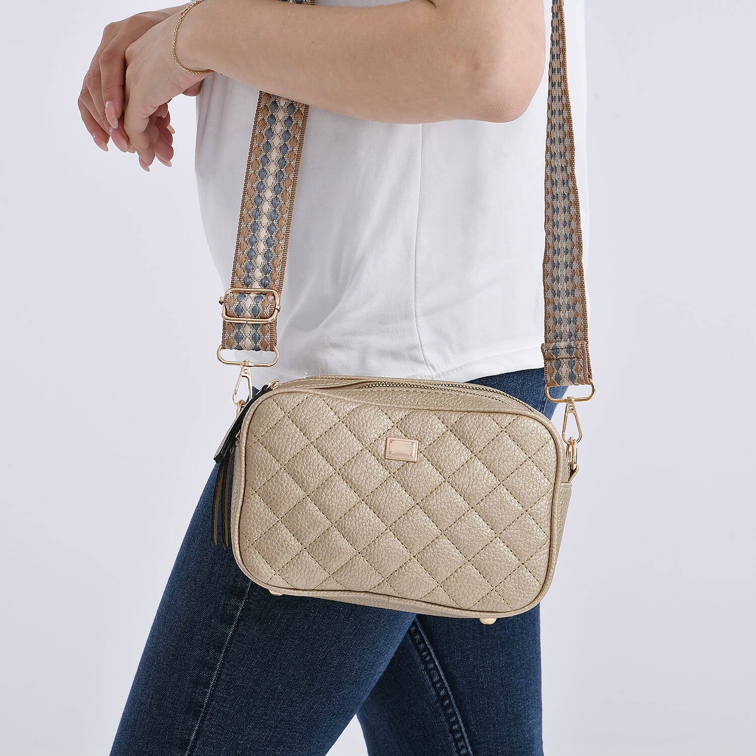 Prime Time Deal - Quilted Fully Lined Crossbody Bag With Adjustable Length Strap - Gold