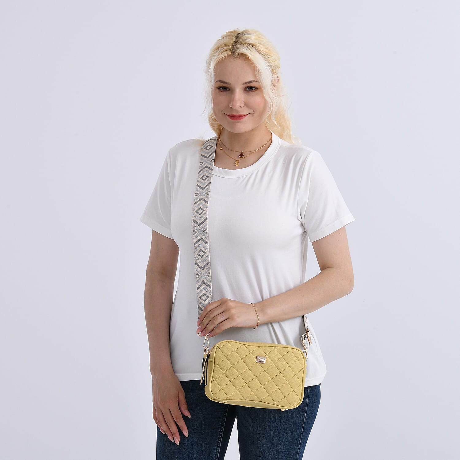 Stylish Quilted Crossbody Bag with Patterned Strap - Yellow