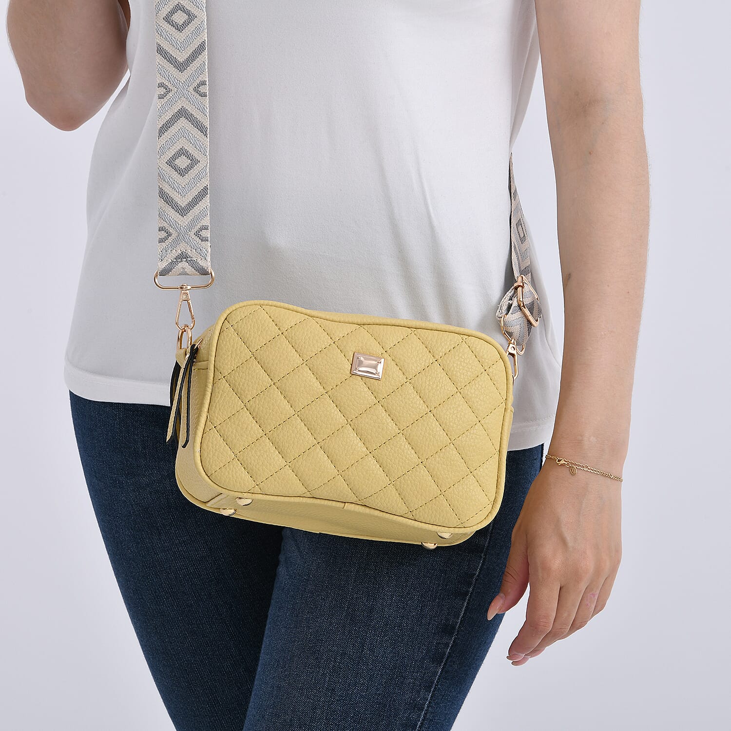 Stylish Quilted Crossbody Bag with Patterned Strap - Yellow