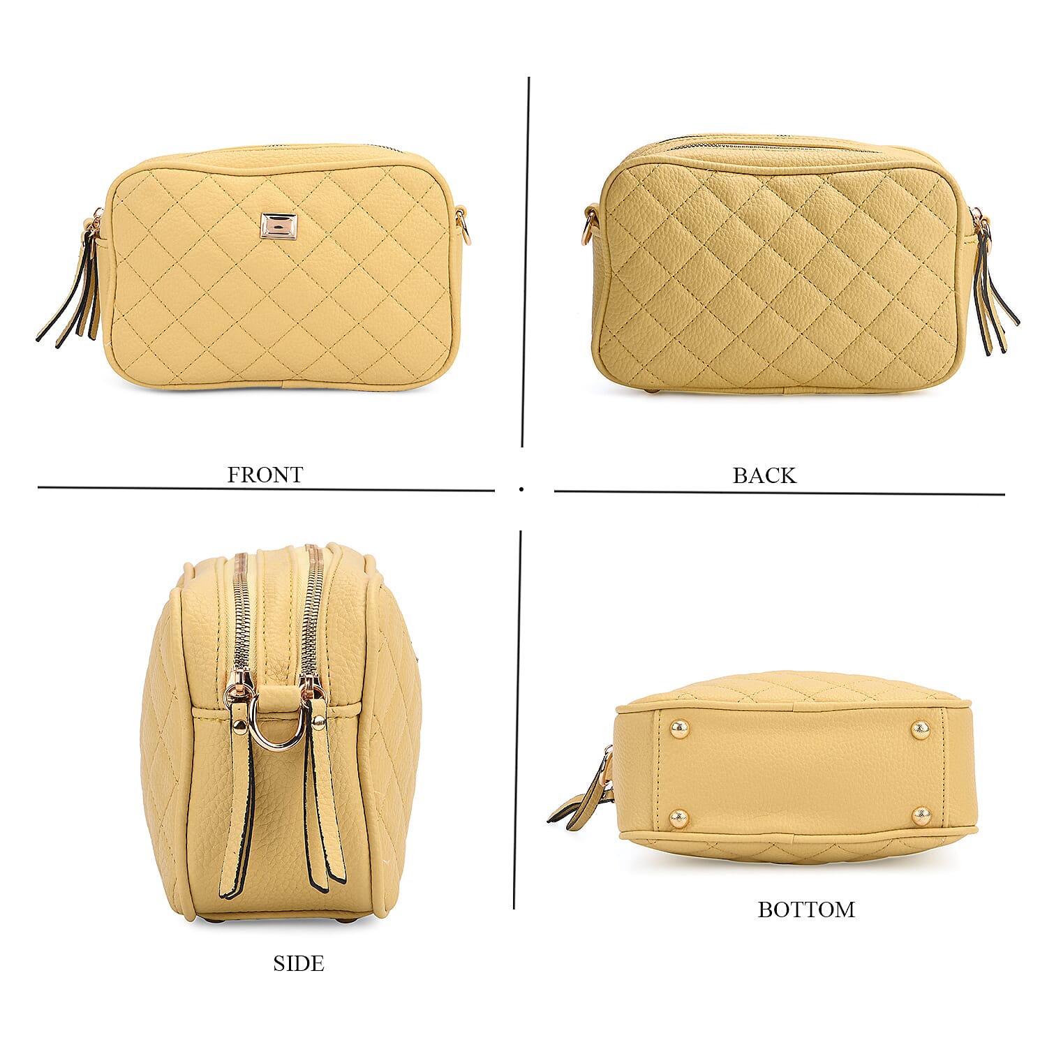 Stylish Quilted Crossbody Bag with Patterned Strap - Yellow