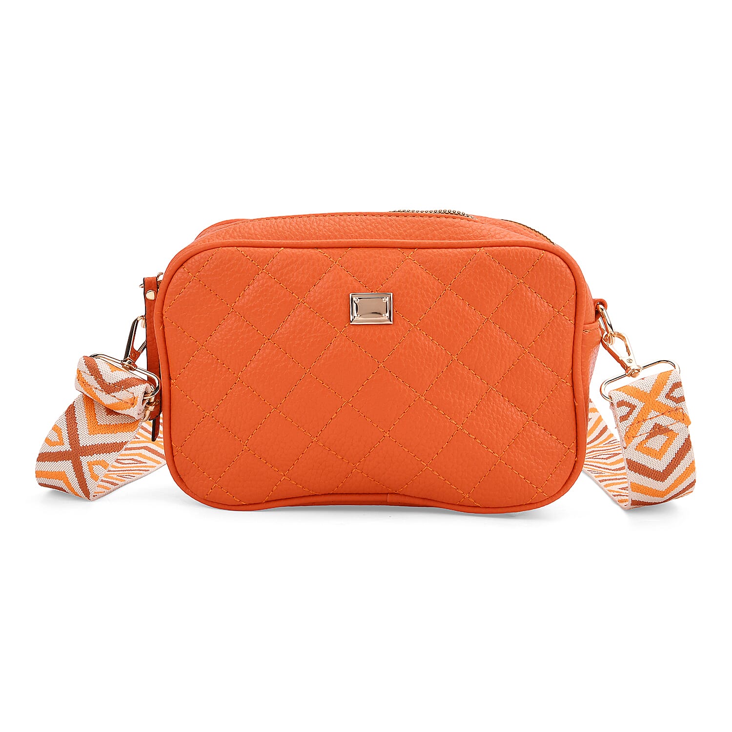 Stylish Quilted Crossbody Bag with Patterned Strap - Orange