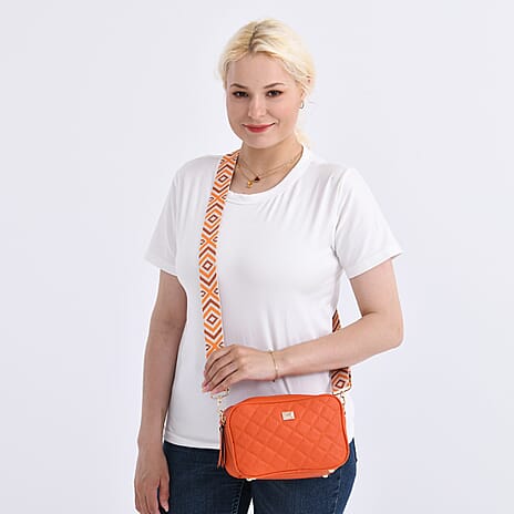 Stylish Quilted Crossbody Bag with Patterned Strap - Orange