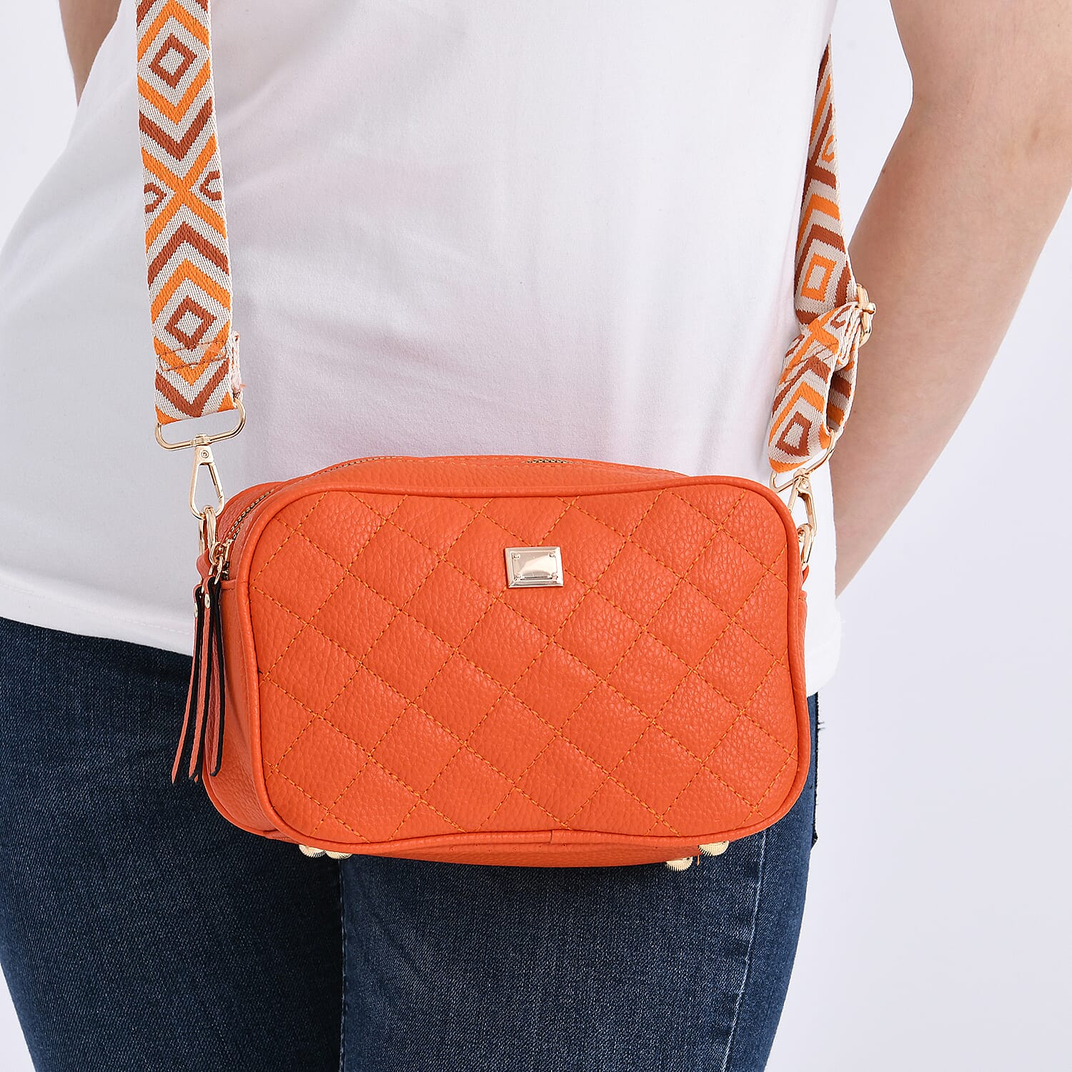 Stylish Quilted Crossbody Bag with Patterned Strap - Orange