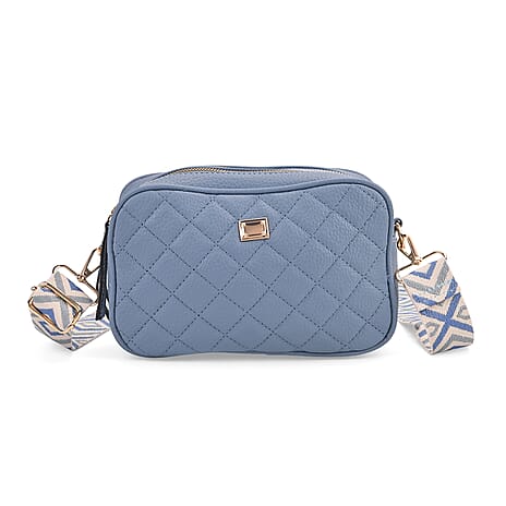 Stylish Quilted Crossbody Bag with Patterned Strap - Blue