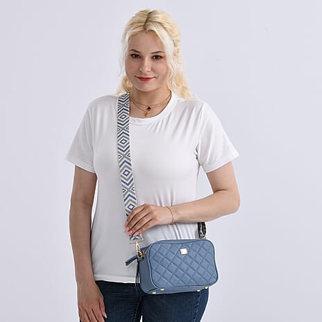 Stylish Quilted Crossbody Bag with Patterned Strap - Blue