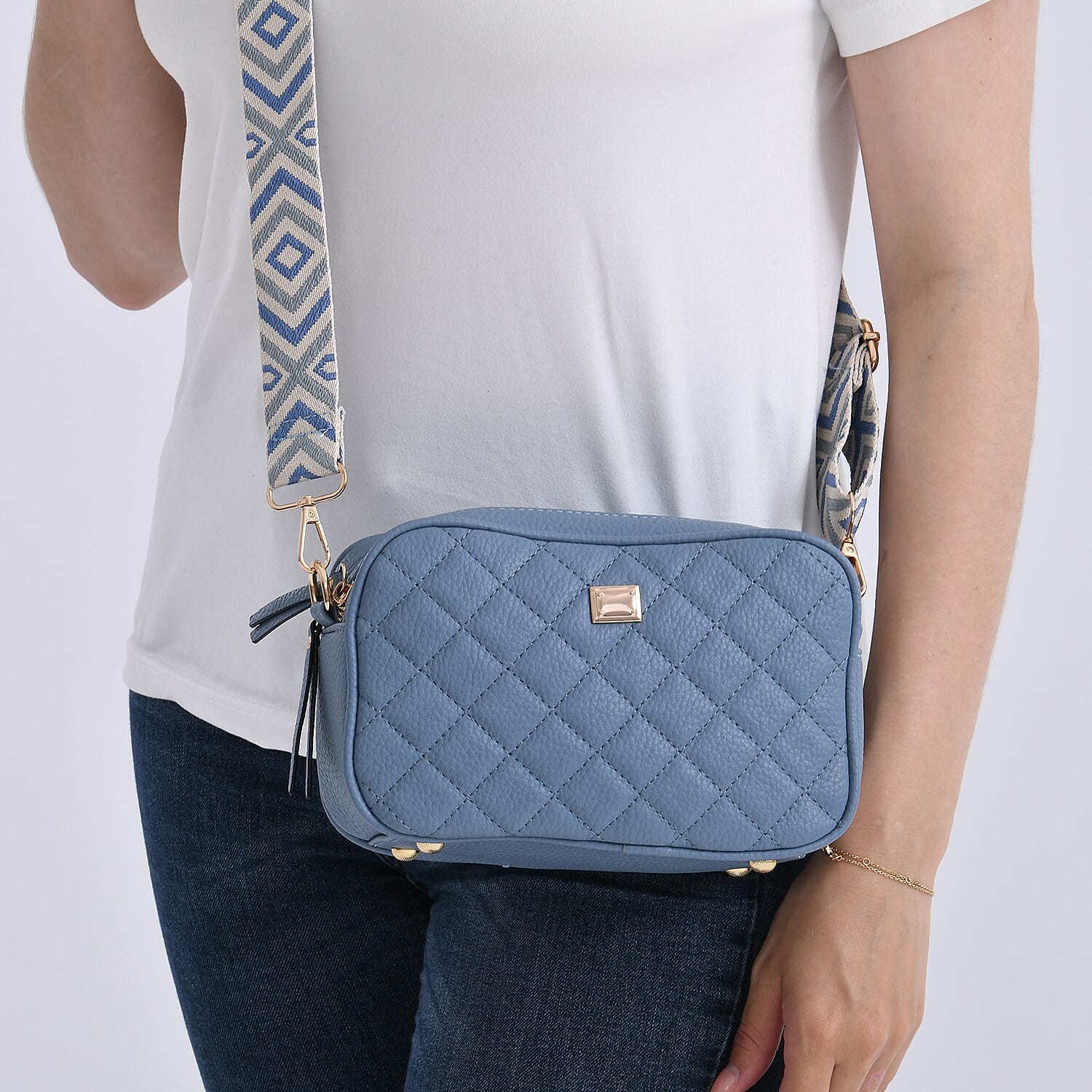 Stylish Quilted Crossbody Bag with Patterned Strap - Blue