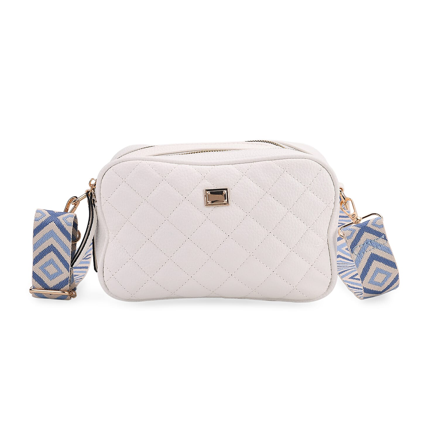 Stylish Quilted Crossbody Bag with Patterned Strap - White