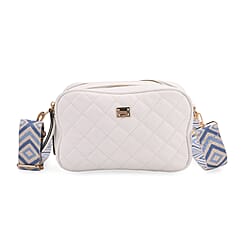 Stylish Quilted Crossbody Bag with Patterned Strap - White