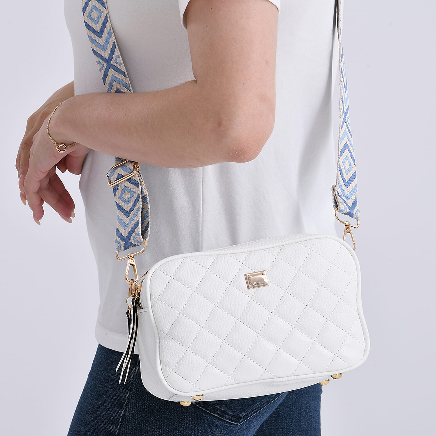 Stylish Quilted Crossbody Bag with Patterned Strap - White