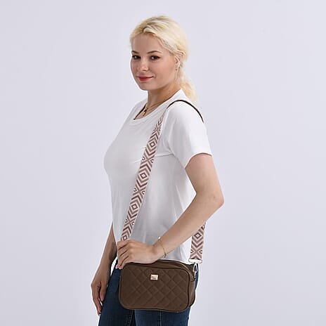 Stylish Quilted Crossbody Bag with Patterned Strap - Brown