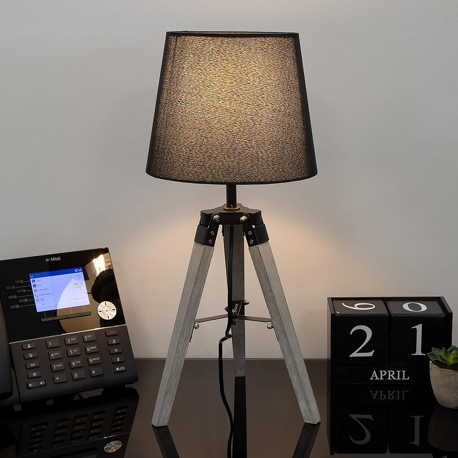Parlak Elegant Black Shade Tripod Table Lamp with Grey Wood Base