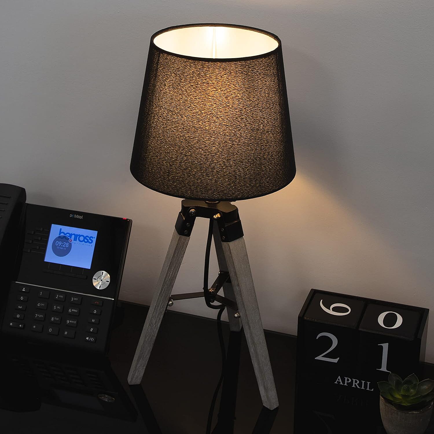 Parlak Elegant Black Shade Tripod Table Lamp with Grey Wood Base