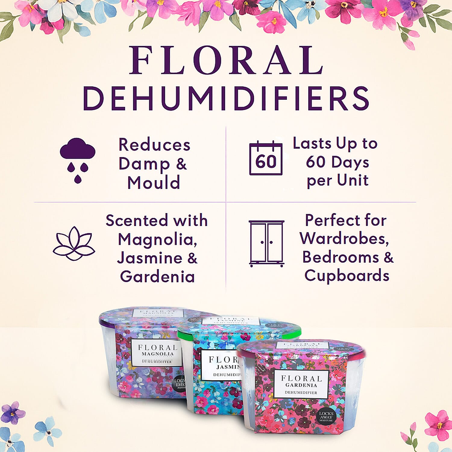 36 Assorted Floral Scented Dehumidifiers - Magnolia, Jasmine, Gardenia
