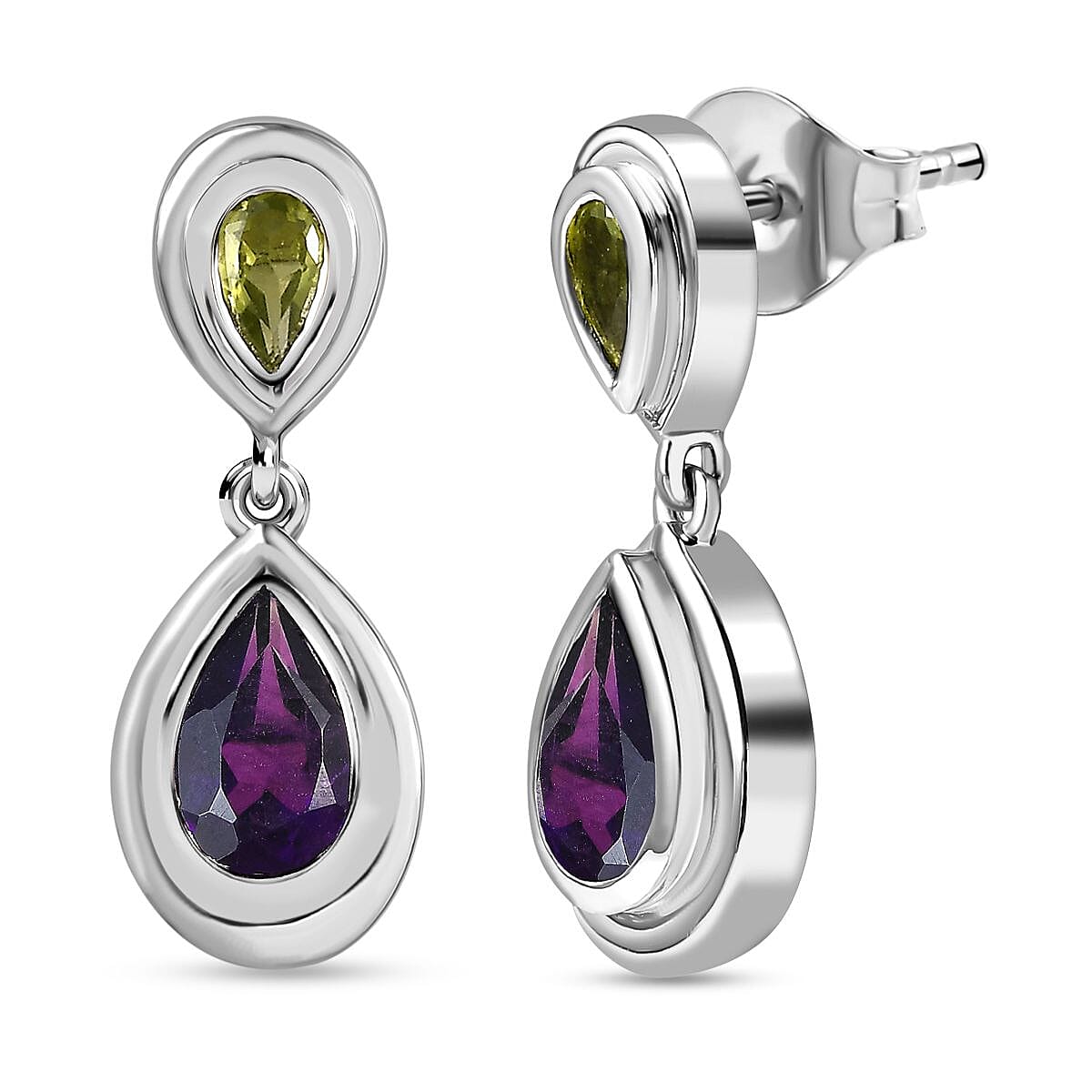 AAA African Amethyst & Peridot Dangling Earring in Rhodium Overlay Sterling Silver 2.07 Ct.