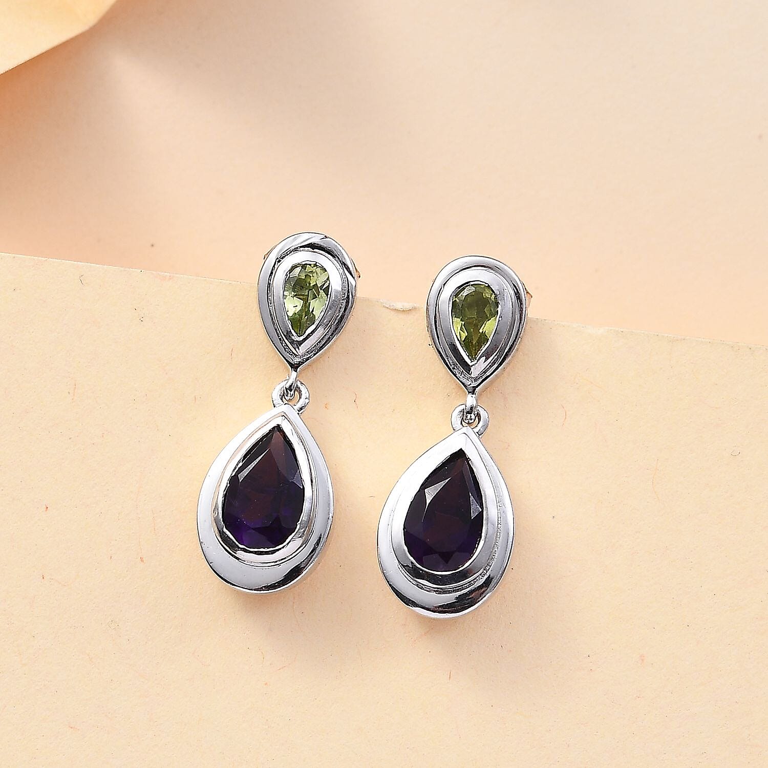 AAA African Amethyst & Peridot Dangling Earring in Rhodium Overlay Sterling Silver 2.07 Ct.