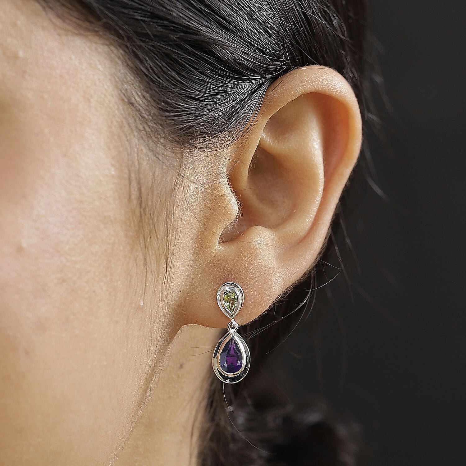 AAA African Amethyst & Peridot Dangling Earring in Rhodium Overlay Sterling Silver 2.07 Ct.