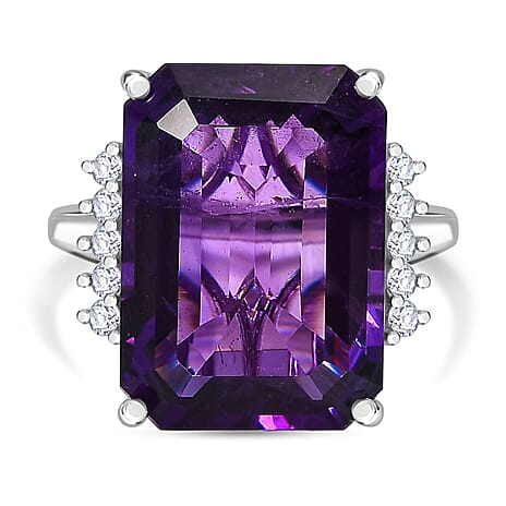 AAA African Amethyst & White Zircon Solitaire Ring in Rhodium Overlay Sterling Silver 16.42 Ct.