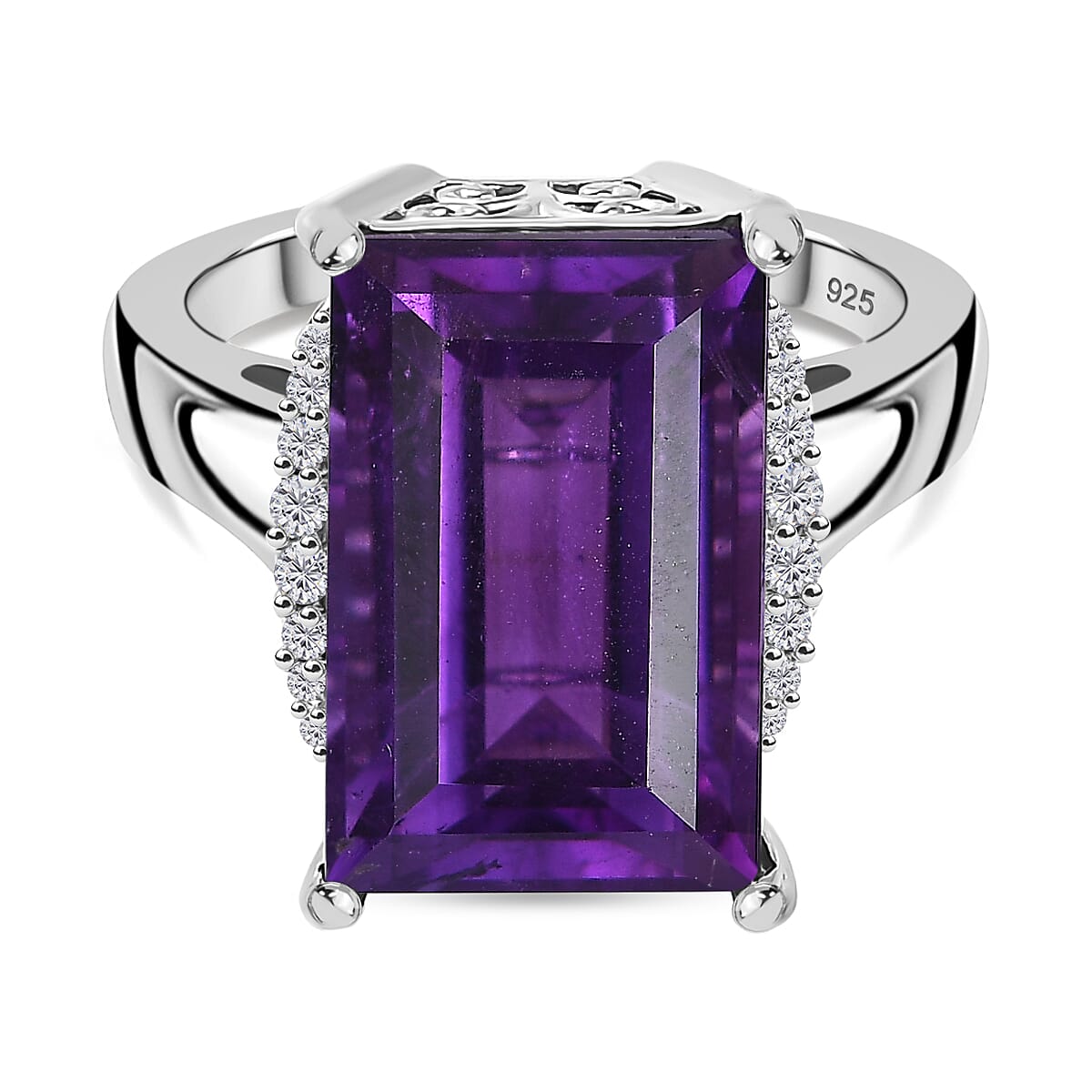 African Amethyst & White Zircon Solitaire Ring in Rhodium Overlay Sterling Silver 9.55 Ct.