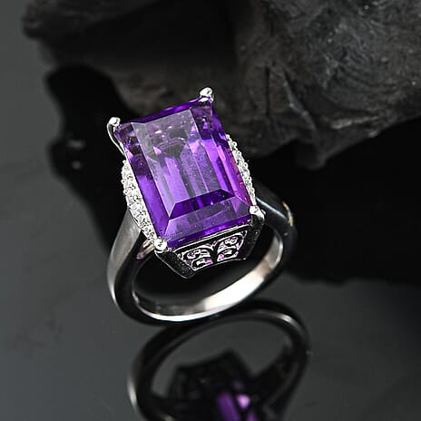 African Amethyst & White Zircon Solitaire Ring in Rhodium Overlay Sterling Silver 9.55 Ct.