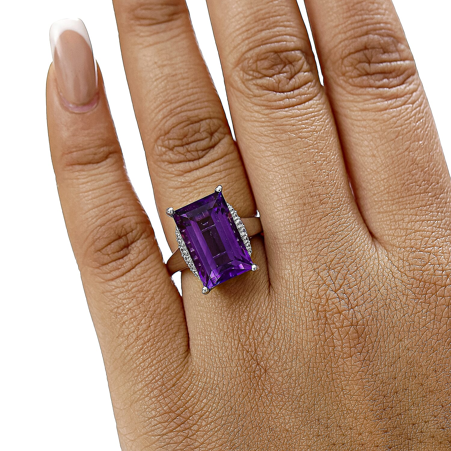 African Amethyst & White Zircon Solitaire Ring in Rhodium Overlay Sterling Silver 9.55 Ct.