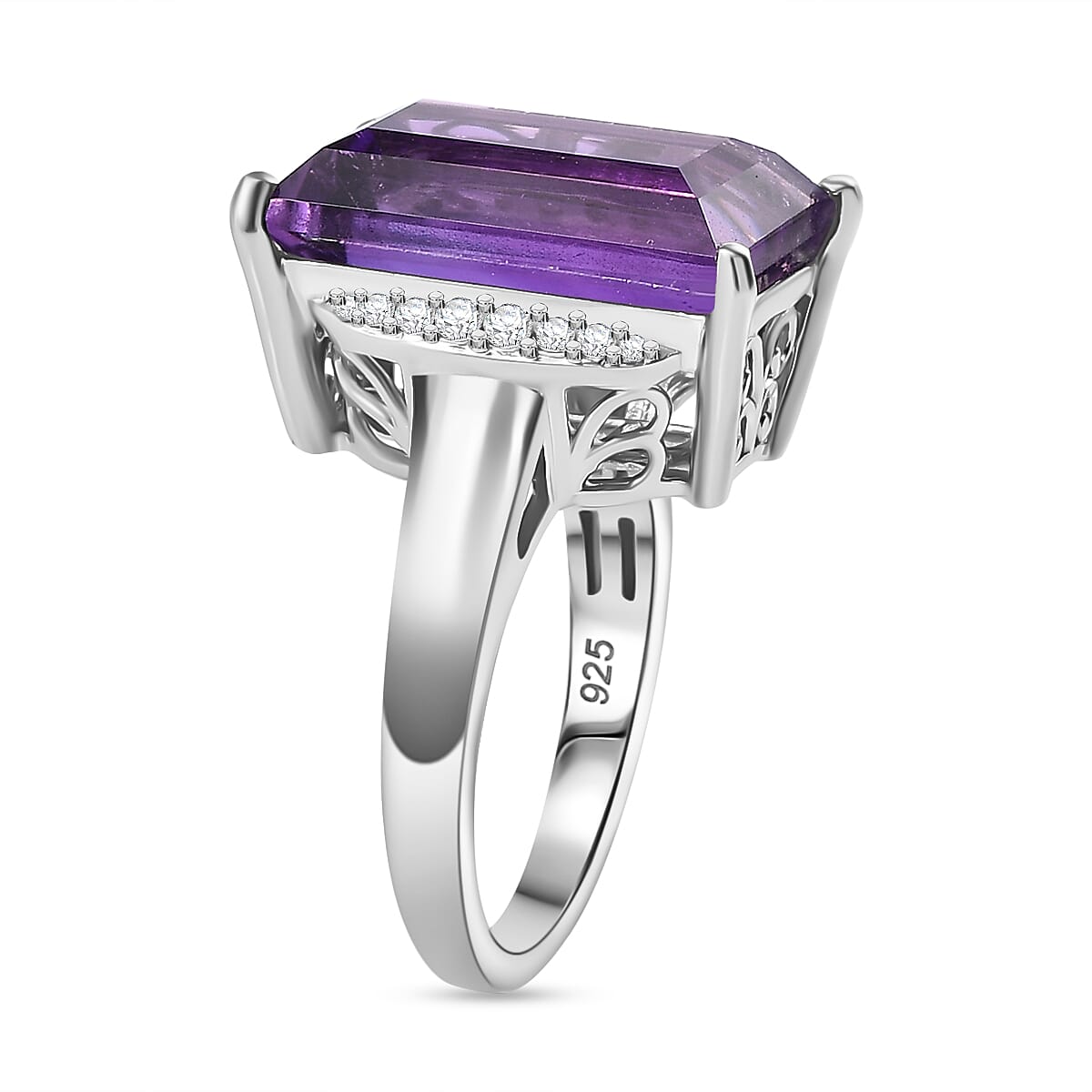 African Amethyst & White Zircon Solitaire Ring in Rhodium Overlay Sterling Silver 9.55 Ct.