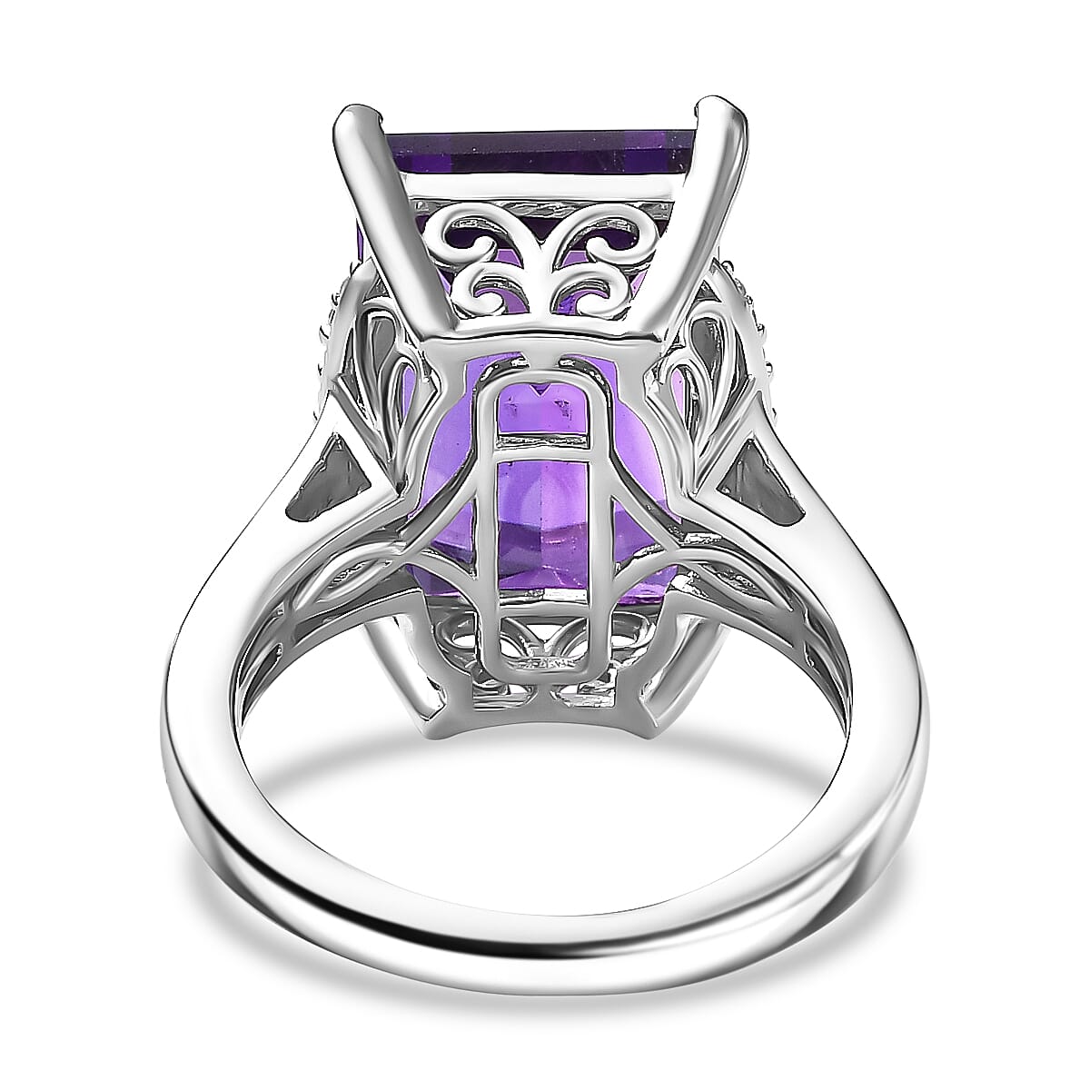 African Amethyst & White Zircon Solitaire Ring in Rhodium Overlay Sterling Silver 9.55 Ct.