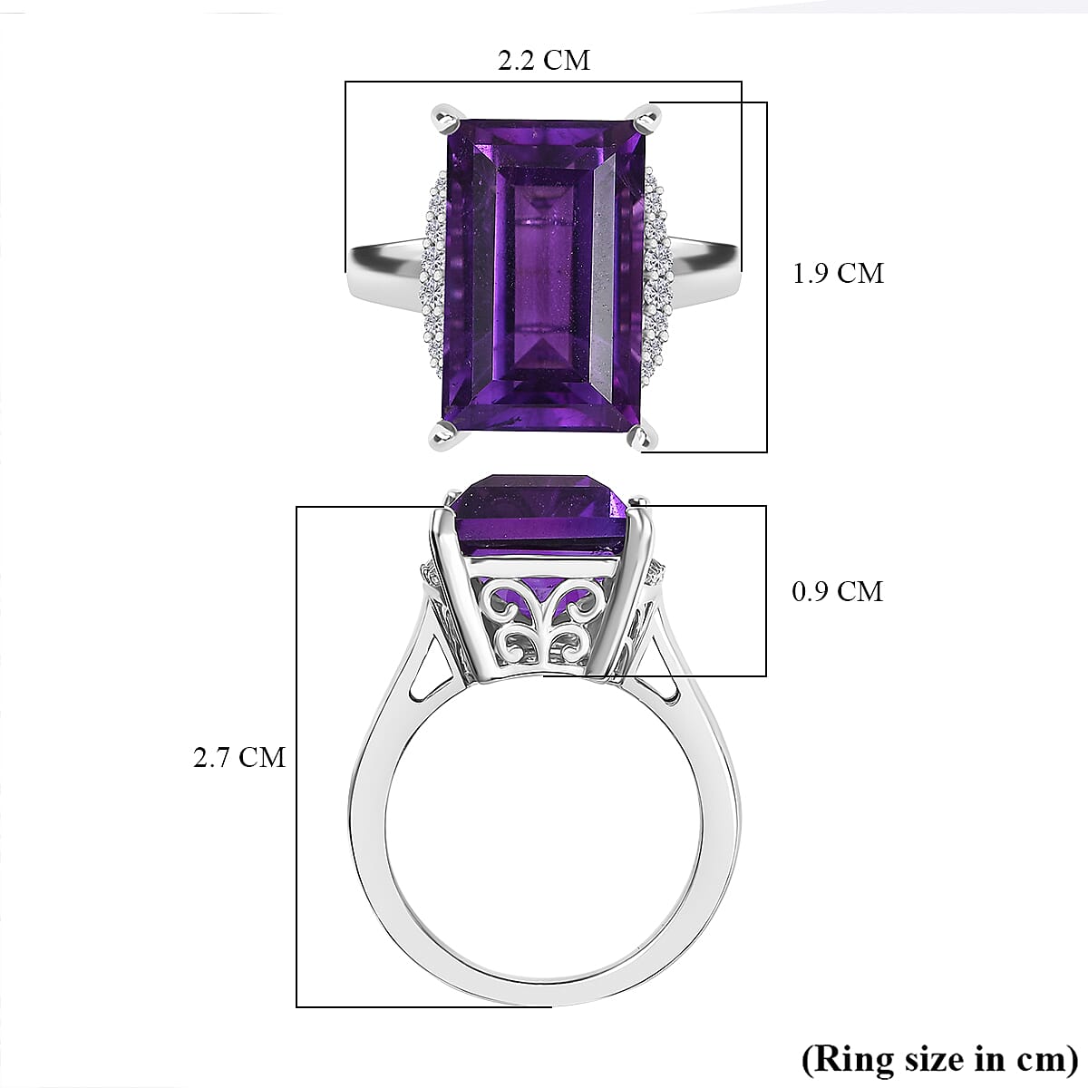 African Amethyst & White Zircon Solitaire Ring in Rhodium Overlay Sterling Silver 9.55 Ct.
