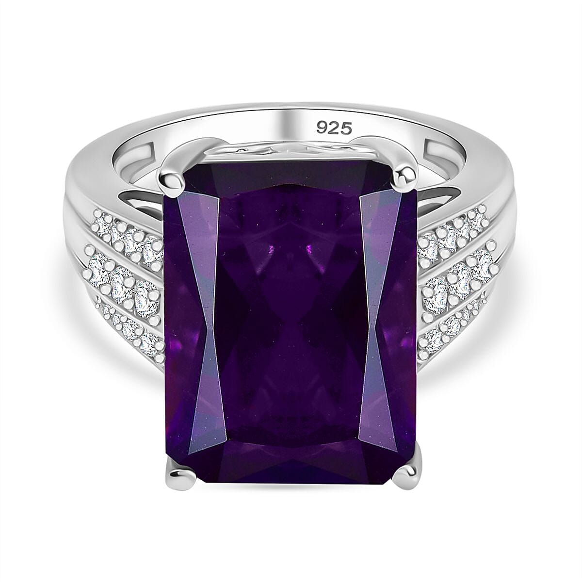 AAA African Amethyst & White Zircon Solitaire Ring in Rhodium Overlay Sterling Silver 15.91 Ct, Silver Wt. 5.50 Gms.