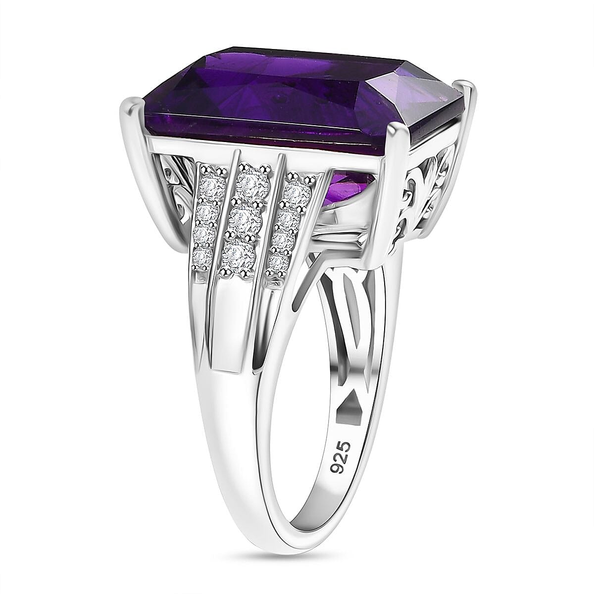 AAA African Amethyst & White Zircon Solitaire Ring in Rhodium Overlay Sterling Silver 15.91 Ct, Silver Wt. 5.50 Gms.