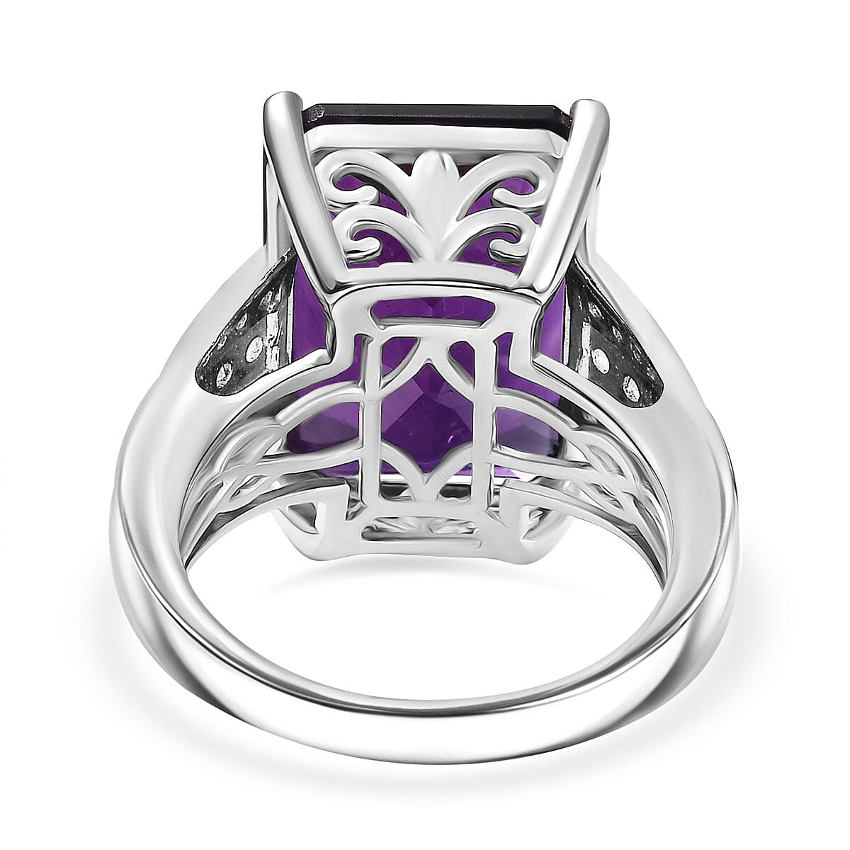 AAA African Amethyst & White Zircon Solitaire Ring in Rhodium Overlay Sterling Silver 15.91 Ct, Silver Wt. 5.50 Gms.