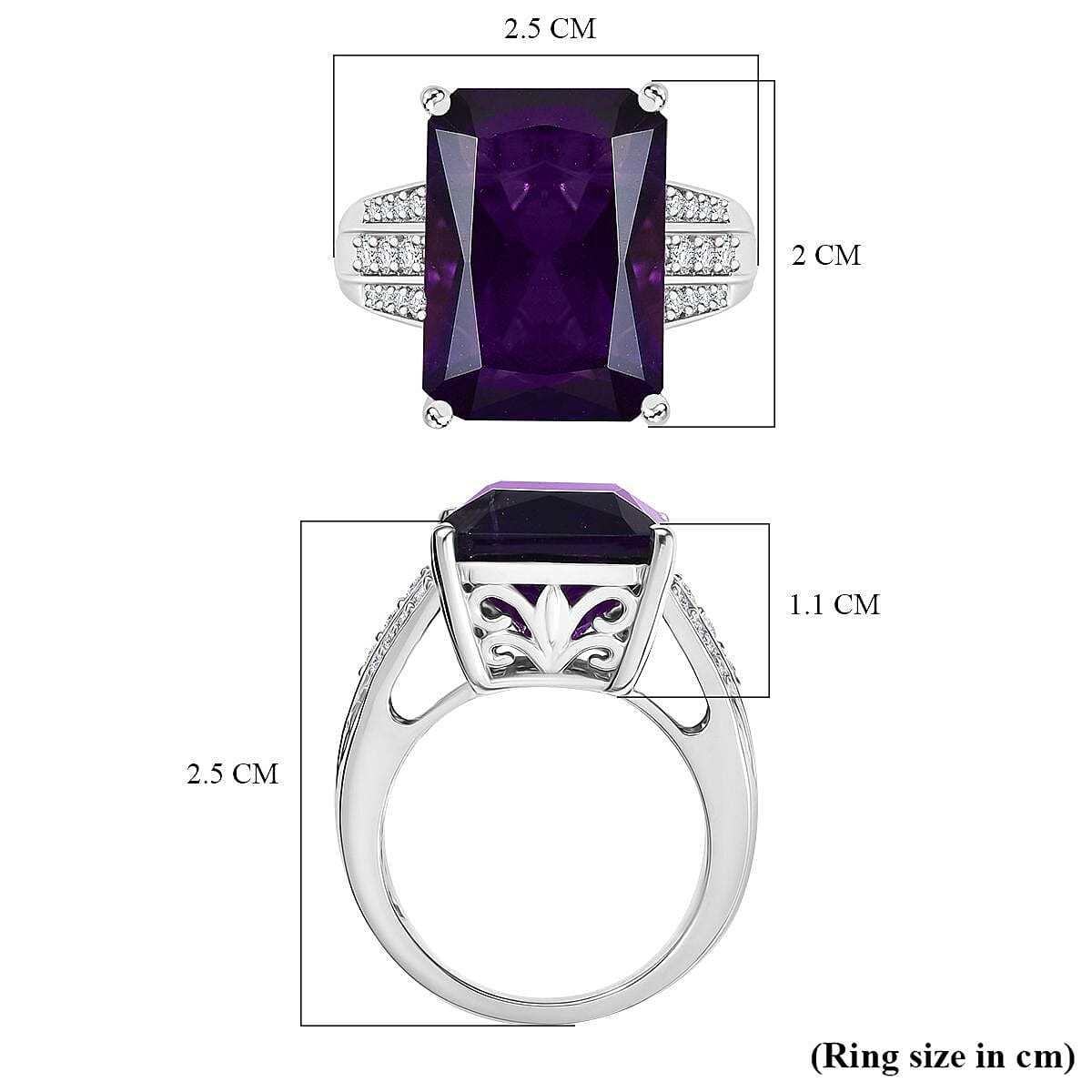 AAA African Amethyst & White Zircon Solitaire Ring in Rhodium Overlay Sterling Silver 15.91 Ct, Silver Wt. 5.50 Gms.