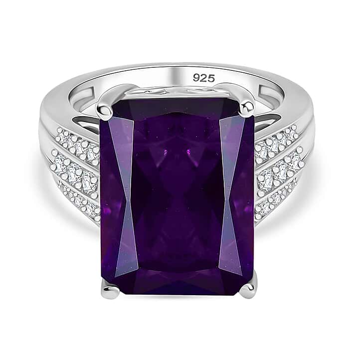 African Amethyst, White Zircon Ring in Rhodium Overlay Sterling Silver